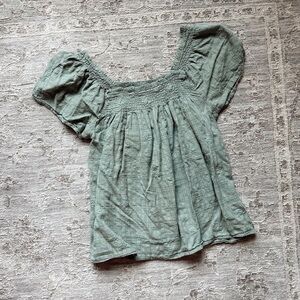 Madewell Square Neck Women's Green Smocked Short Sleeve Top Blouse Embroidered